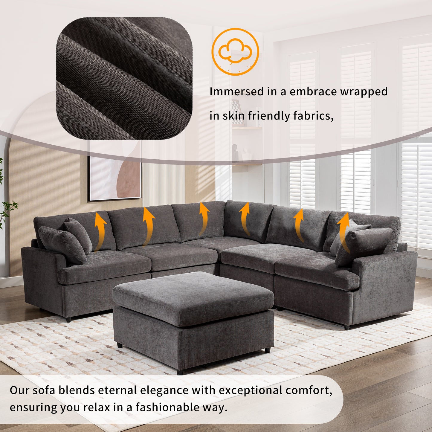 [ Video Provided]U_STYLE Upholstered Sectional Sofa with Removable Ottoman,U-Shape 6 Seat Sectional Couch,  for Living Room,,Apartment, Spacious Space