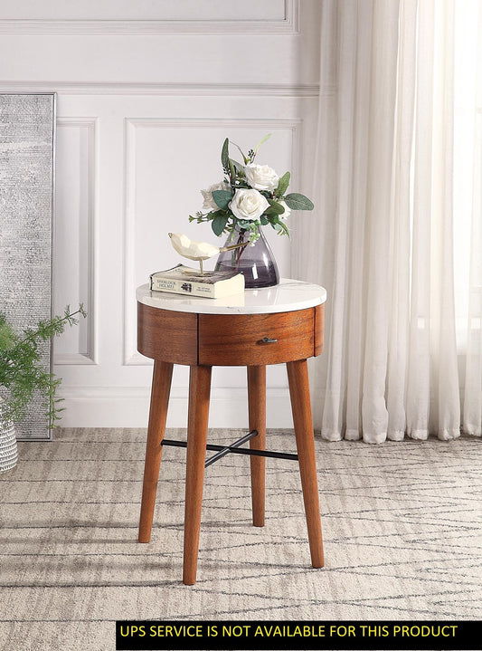 Walnut Finish 1pc Round End Table with Faux Marble Top and Drawer Living Room Furniture Side Table