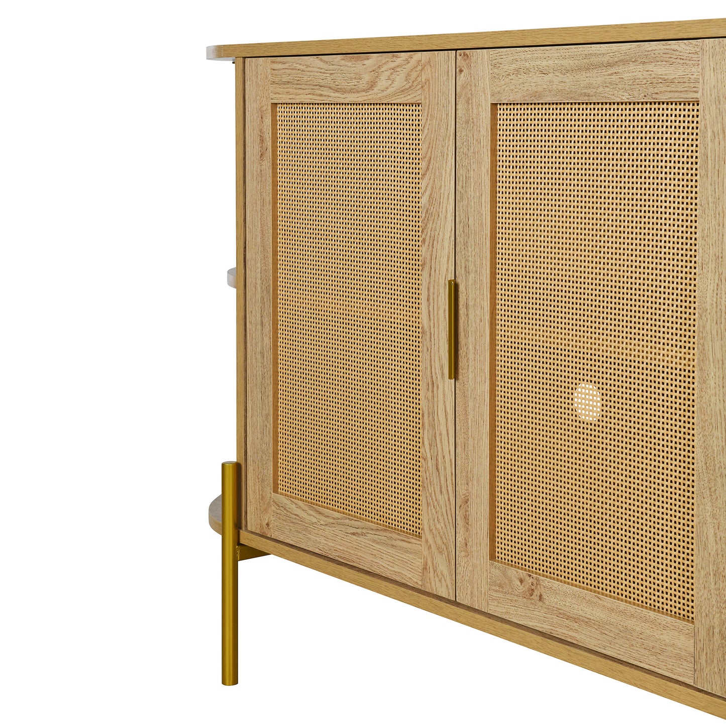 TREXM 2-Door Elegant Curved Dining Cabinet with Gold Trim and Woven Rattan Doors for Dining Room (Natural)