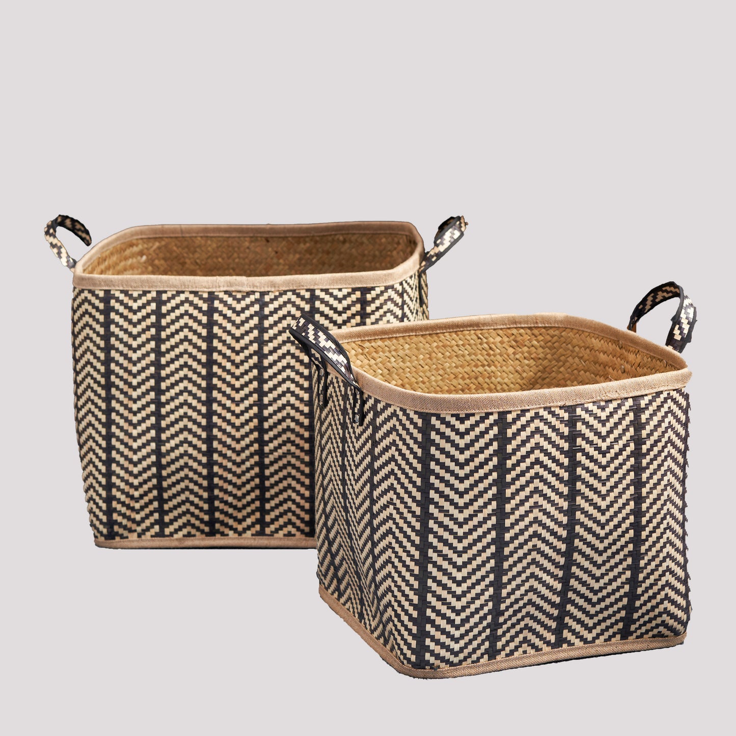 Square Palm Leaf Woven Wicker Storage Basket with Handles Set of 2 - 14" x 14" x 15" and 16" x 16" x 17" - Black and Brown - For Clothes, Books Storage, Picnic and Home Decoration