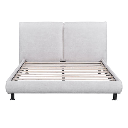 Queen Size Upholstered Platform Bed with Two Large Headrests and Thick Fabric, Polyester, Beige