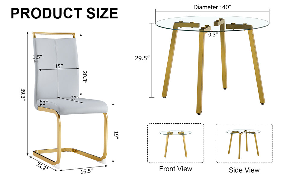 Table and chair set.Modern Luxurious Round Tempered Glass Dining Table Set-40*40 inch with 4 Light Gray PU Chairs.C-tube Gold Metal Chair Legs.Bring a comfortable home experience to the kitchen.