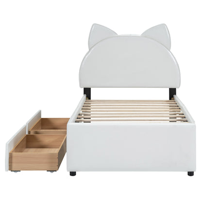 Twin Size Upholstered Platform Bed with Cartoon Ears Shaped Headboard and 2 Drawers, White