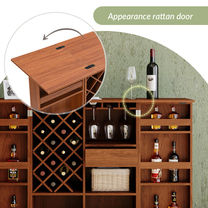 41.9" Home Bar Cabinet, Industrial Walnut Rattan Door Fold Out Bar Cabinet with Storage Bar Table