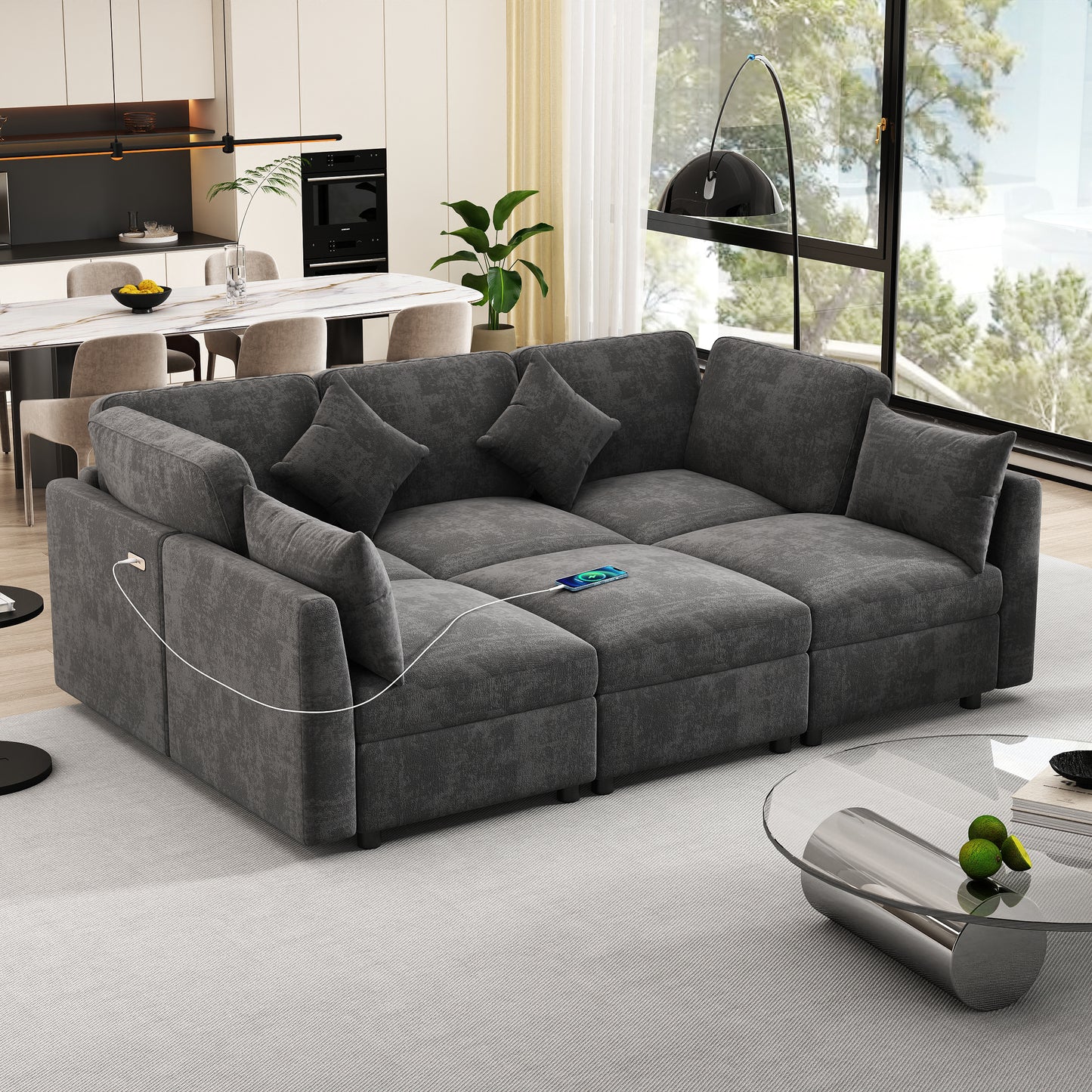 85.4" Sectional Sofa Modular Sofa U-shaped Sofa Couch Sofa Bed L-shaped Sofa with a Movable Ottoman and Two USB Ports for Living Room, Black