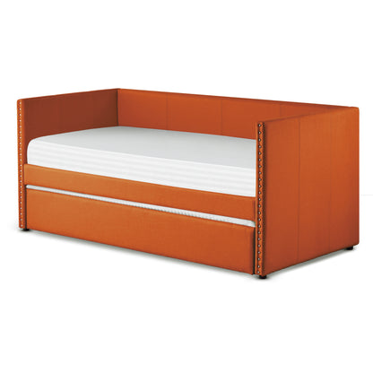 Orange Fabric Upholstered 1pc Day Bed with Pull-out Trundle Nailhead Trim Wood Frame Furniture