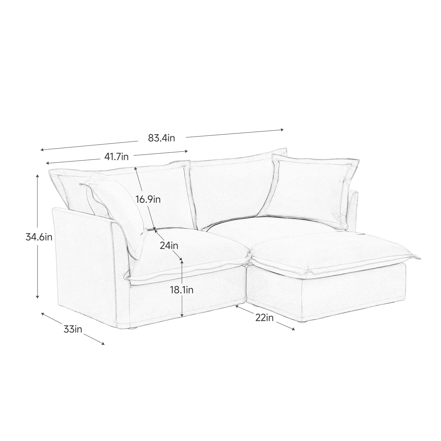 Slipcovered Sectional 2 Seater Sofa Couch with Convertible Ottoman, Wide and Deep Seat L Shaped Sofa with Detachable Cover and Soft Multiple Big Pillows, Chenille Fabric, Cream