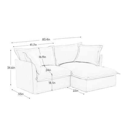 Slipcovered Sectional 2 Seater Sofa Couch with Convertible Ottoman, Wide and Deep Seat L Shaped Sofa with Detachable Cover and Soft Multiple Big Pillows, Chenille Fabric, Cream