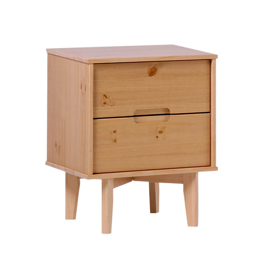 Mid-Century Modern Solid Wood 2-Drawer Nightstand – Natural Pine, Bedside Table