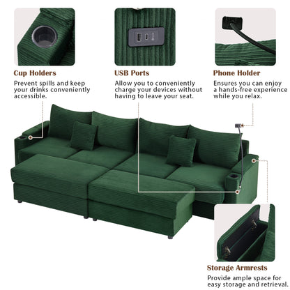 123.2" Modern Style 4-seater Sofa Sectional Sofa Couch with Storage Space, Two Movable Ottomans, Two USB Ports, Two Cup Holders, A Phone Holder for Living Room, Green