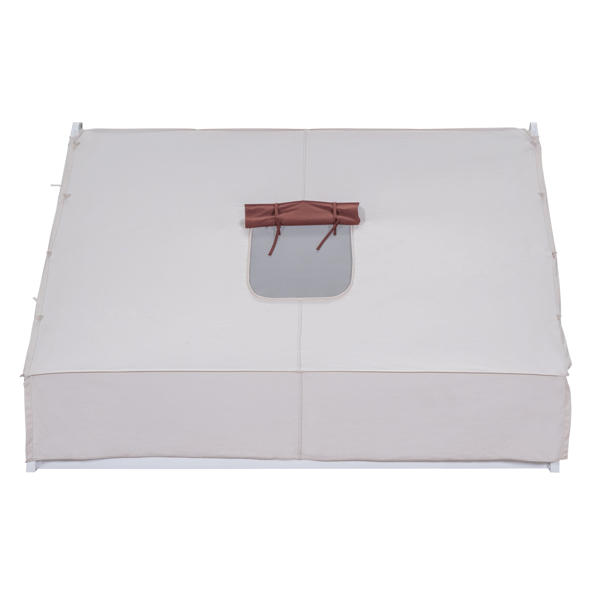 Wooden Full Size Tent Bed with Fabric for Kids,Platform Bed with Fence and Roof, White+Brown