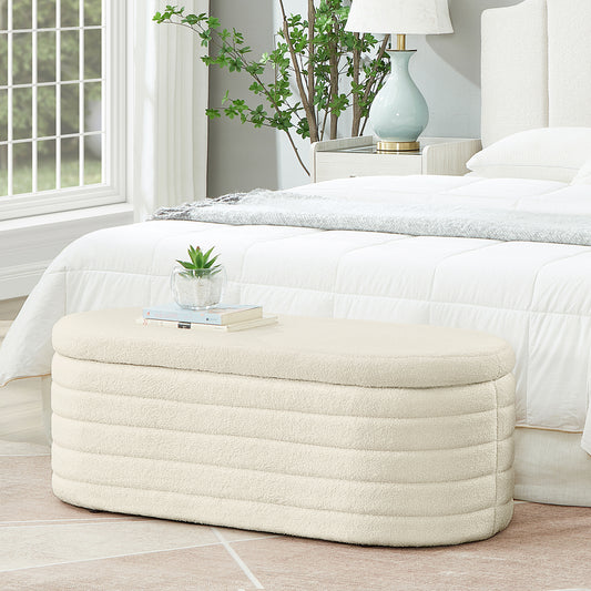 Modern Oval Storage Ottoman Bench, Upholstered Boucle Teddy Fabric End of Bed Bench with Storage, End of Bed Stool with Safety Hinge for Bedroom, Living Room, Entryway,  Cream