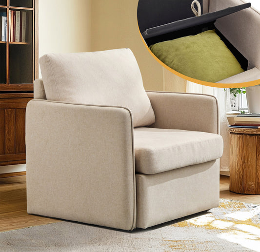 Swivel Accent Chair, Comfy single Sofa chair with storage, Modern arm chair  for Living Room, Fabric Swivel Armchair with Metal Base (Beige)