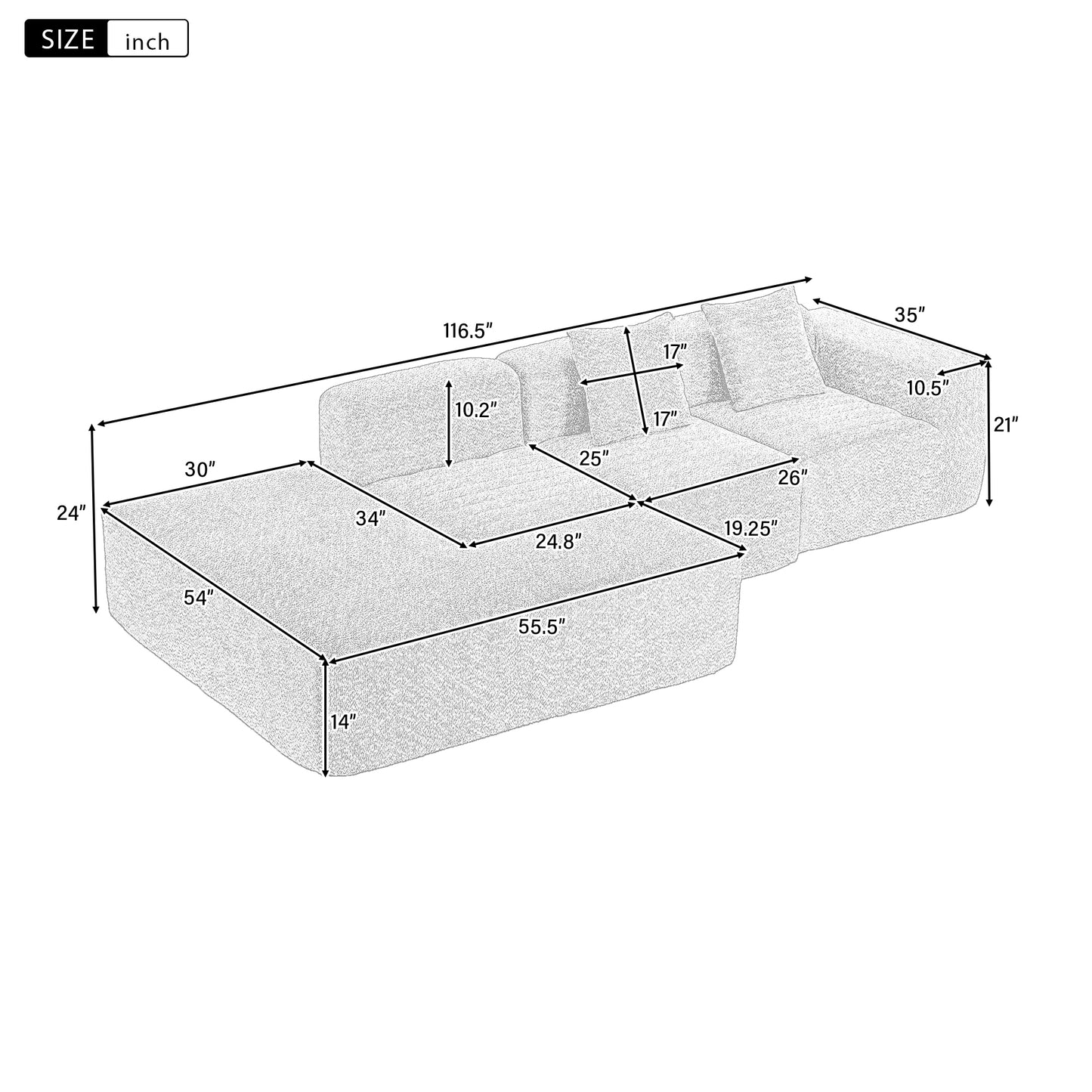 116.5" Sectional Sofa Full-compressed Sofa Couch Free-combined Sofa for Living Room, Grey