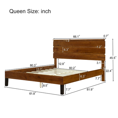 Mid-Century Modern Solid Wood Bed Frame Queen Size Platform Bed with Three-Piece Headboard Design, No Box Spring Needed, Brown