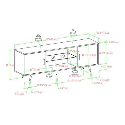 Mid-Century Modern 2-Door 70" TV Stand for 80" TVs with Glass Shelf - Birch