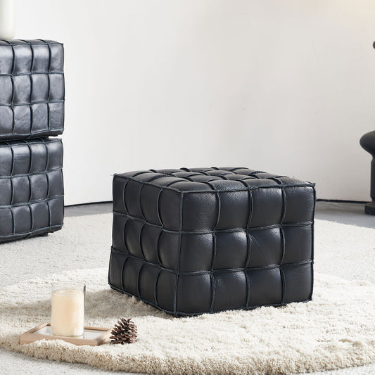 17.32''W Genuine Leather Tufted Ottoman,Footstool for Living Room & Bedroom,Black Color