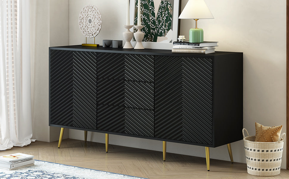 U_STYLE  Modern Sideboard with Geometric Line Design, Conical Metal Legs, and Central Drawers for Stylish Storage, Suitable for Study, Entryway and Living Room