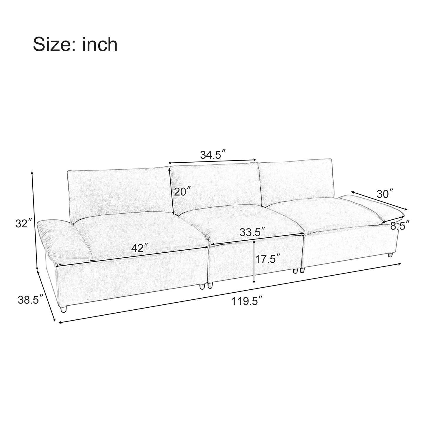 [ Video Provided] U_STYLE 119.5'' 3 Seater Sofa with 2 Storage Units , for Living Room, Office, Apartment