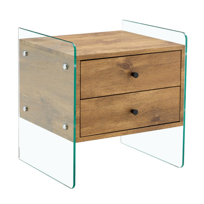 Double-drawer bedside table. The board surface is MDF sticker, and both sides are transparent tempered glass. The design is simple and elegant, with excellent storage functions.