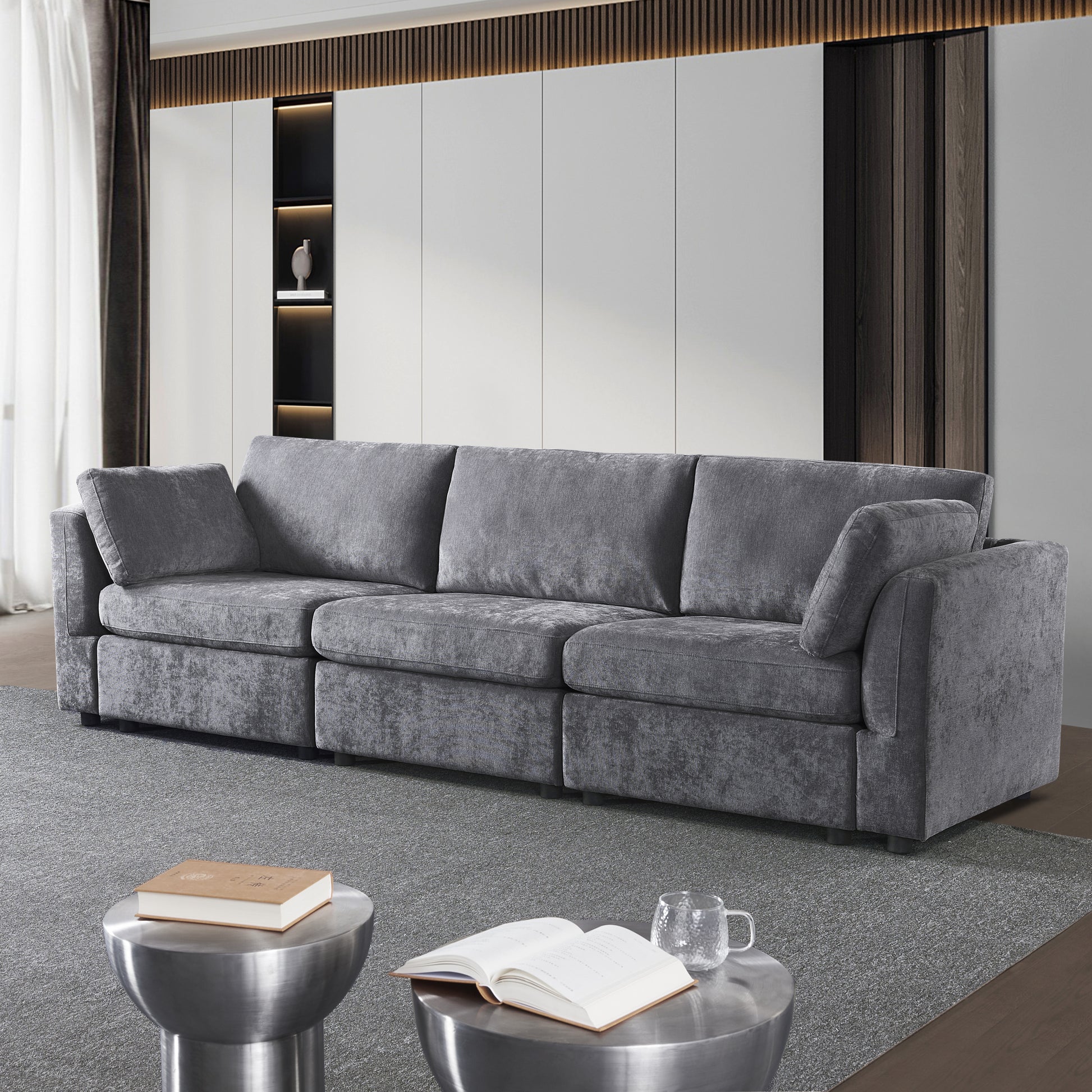 modular sofa grey chenille fabric,  simple and grand, the seat and back is very soft. this is also a KNOCK DOWN sofa