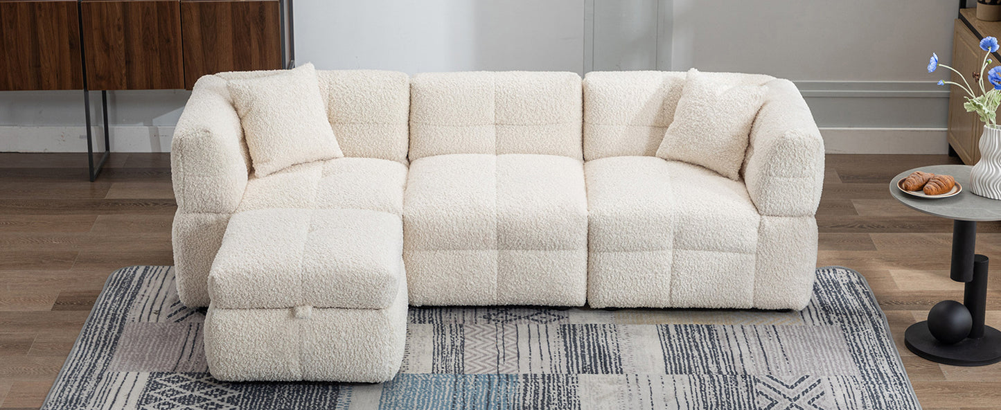 87.7" Sectional Sofa Cozy Teddy Fleece Fabric Sectional Sofa Couch with Two USB Ports a Movable Storage Ottoman and Two Lumbar Pillows for Living Room, Creamy White