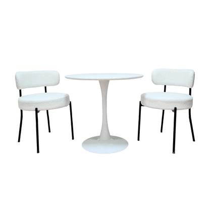 White Dining Chairs Set of 2, Mid-Century Modern Dining Chairs, Kitchen Dining Room Chairs, Curved Backrest Round Upholstered Boucle Dining Chair with Black Metal Legs