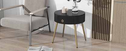 ON-TREND Φ19.6'' Easy Assembly End Tables with High Gloss Faux Marble Tabletops, Set of 2, Modern Fluted 2 Side Tables with Drawers, Round Coffee Tables with Golden Legs for Living Room, Black