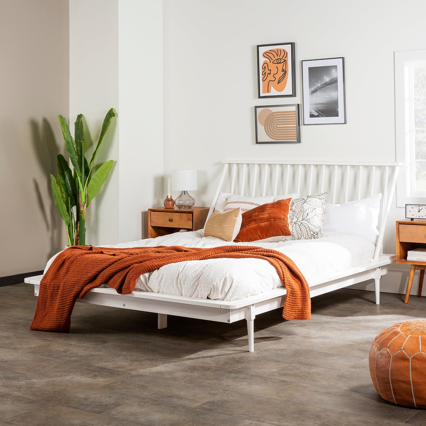 Mid-Century Modern Solid Wood Queen Platform Bed Frame with Spindle Headboard - White