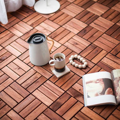 Acacia Wood Interlocking Deck Tiles Checker Pattern, 30 PCS  12" x 12" Square Acacia Hardwood Outdoor Flooring for Patio, Bancony, Pool Side,...