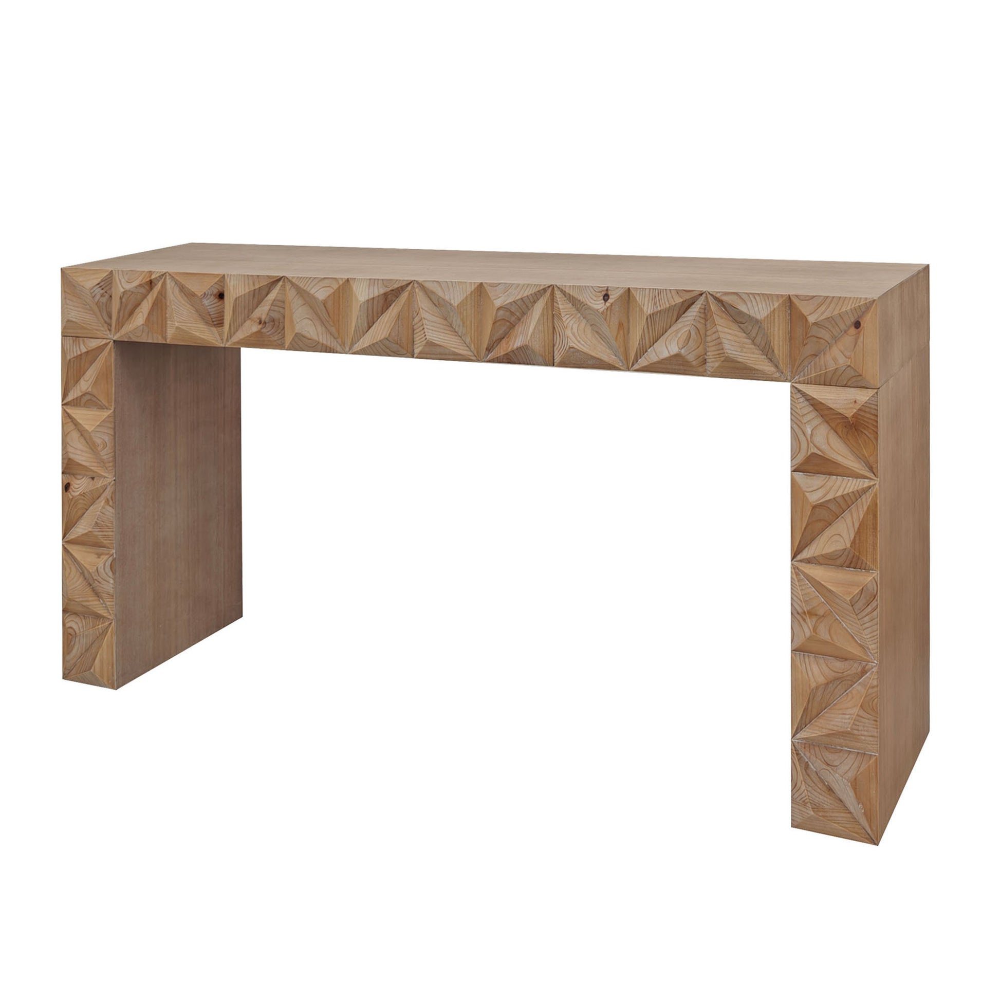 Modern Geometric Wooden Console Table – Natural Wood Finish with Handcrafted 3D Design