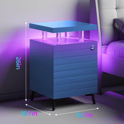 LED Nightstand LED Bedside Table End Tables Living Room with 4 Acrylic Columns, Bedside Table with Drawers for Bedroom Blue