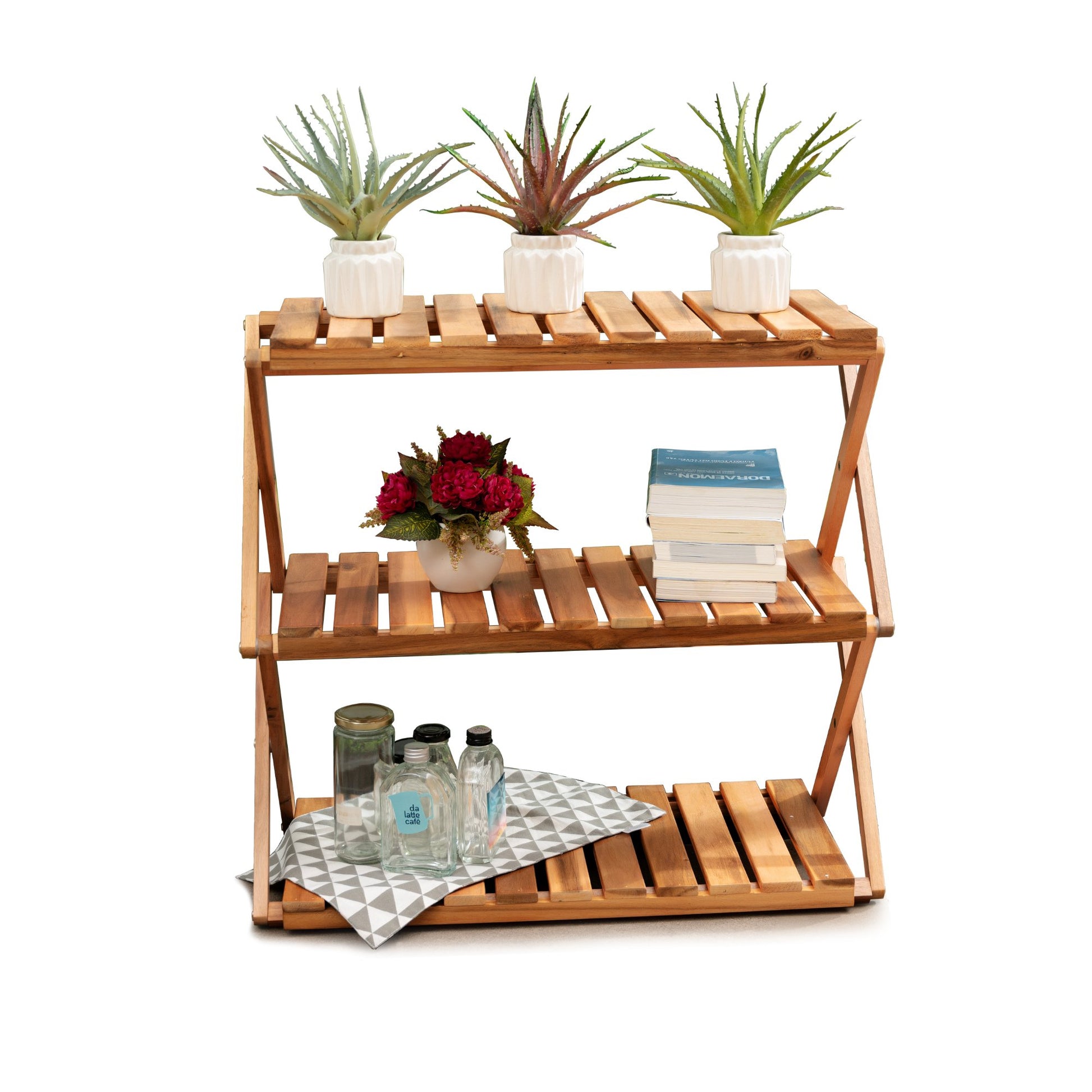 Acacia 3 Tiers Wooden Plants Stand Foldable Shoe Rack Multipurpose Shelf Perfect Idea For Living Room, Bedroom, Hallway, Bathroom Natural Color. - Groovy Boardz