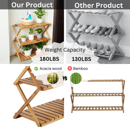 Acacia 3 Tiers Wooden Plants Stand Foldable Shoe Rack Multipurpose Shelf Perfect Idea For Living Room, Bedroom, Hallway, Bathroom Natural Color. - Groovy Boardz