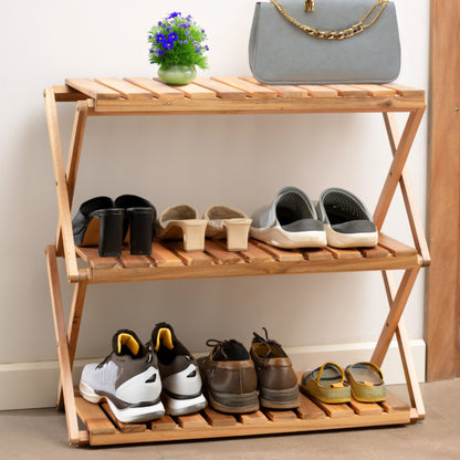 Acacia 3 Tiers Wooden Plants Stand Foldable Shoe Rack Multipurpose Shelf Perfect Idea For Living Room, Bedroom, Hallway, Bathroom Natural Color. - Groovy Boardz