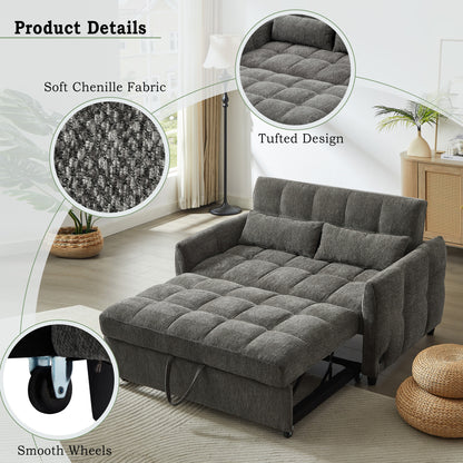 52.8" Loveseat Sofa Pull-out Sofa Bed Tufted Sleeper Sofa with an Adjustable Backrest, Three USB Ports and Two Lumbar Pillows for Living Room, Grey