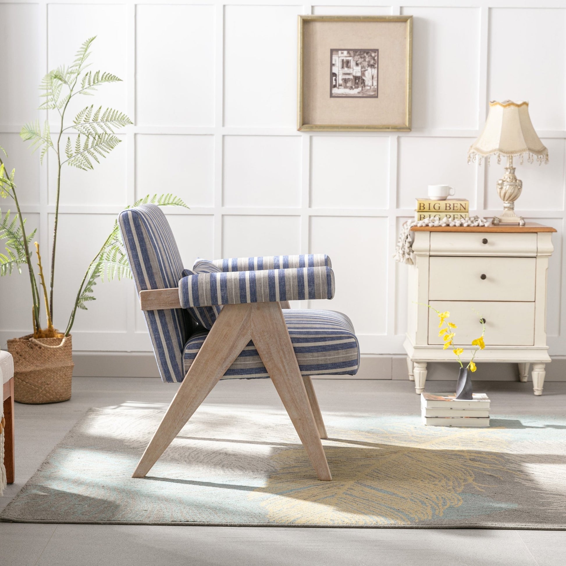 Accent chair, KD rubber wood legs with black finish. Fabric cover the seat. With a cushion.Blue Stripe - Groovy Boardz