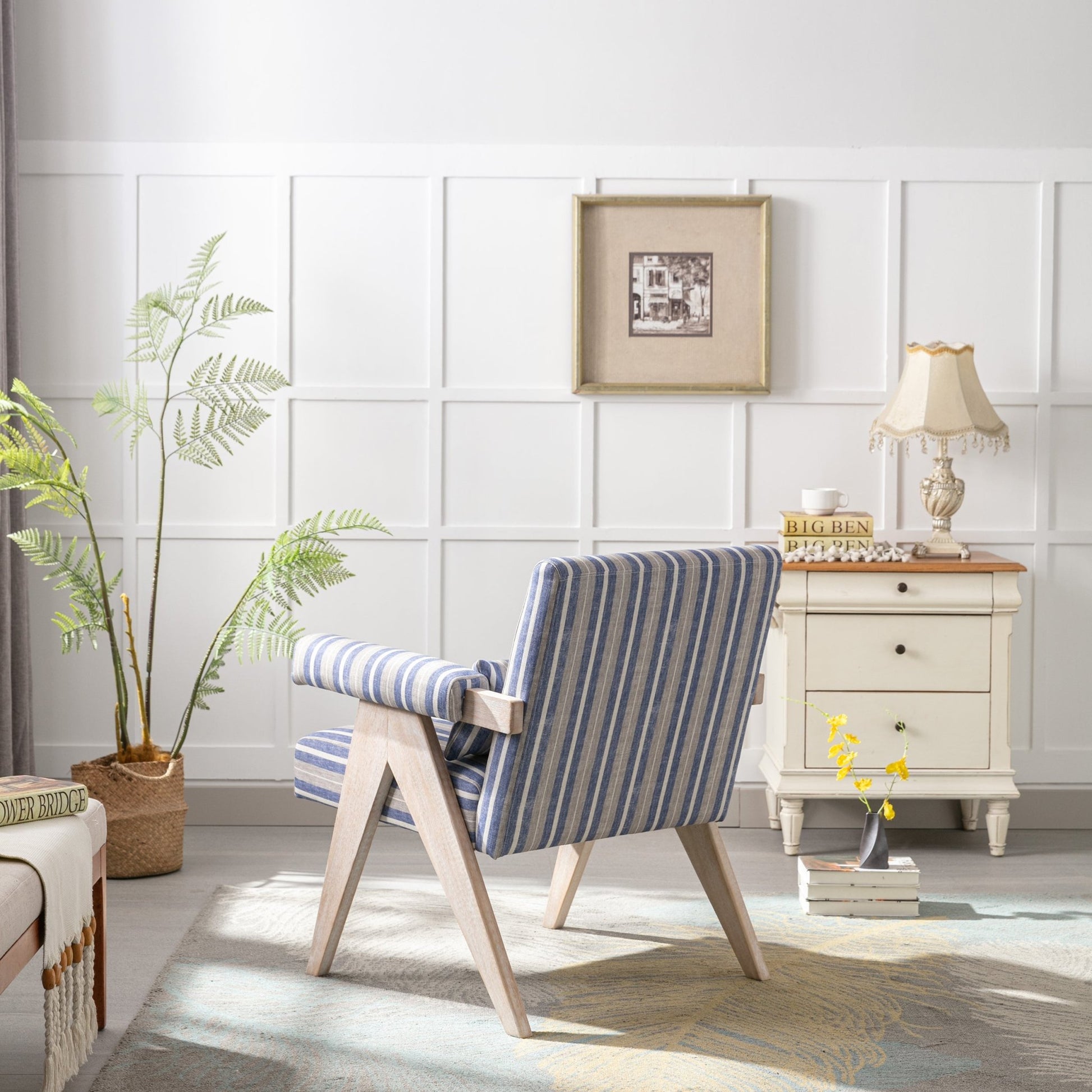 Accent chair, KD rubber wood legs with black finish. Fabric cover the seat. With a cushion.Blue Stripe - Groovy Boardz