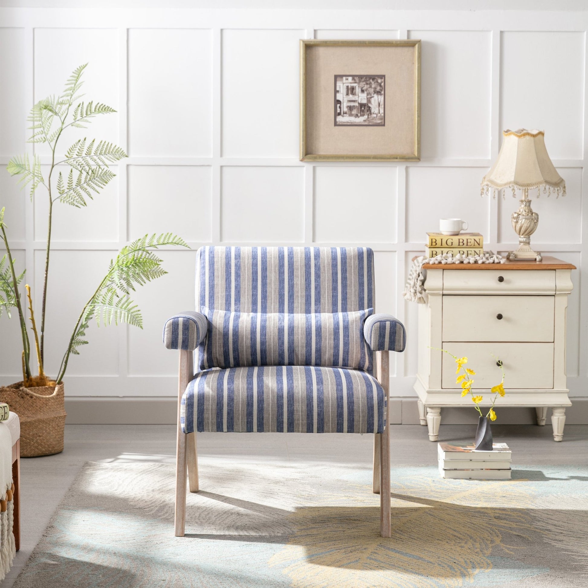 Accent chair, KD rubber wood legs with black finish. Fabric cover the seat. With a cushion.Blue Stripe - Groovy Boardz