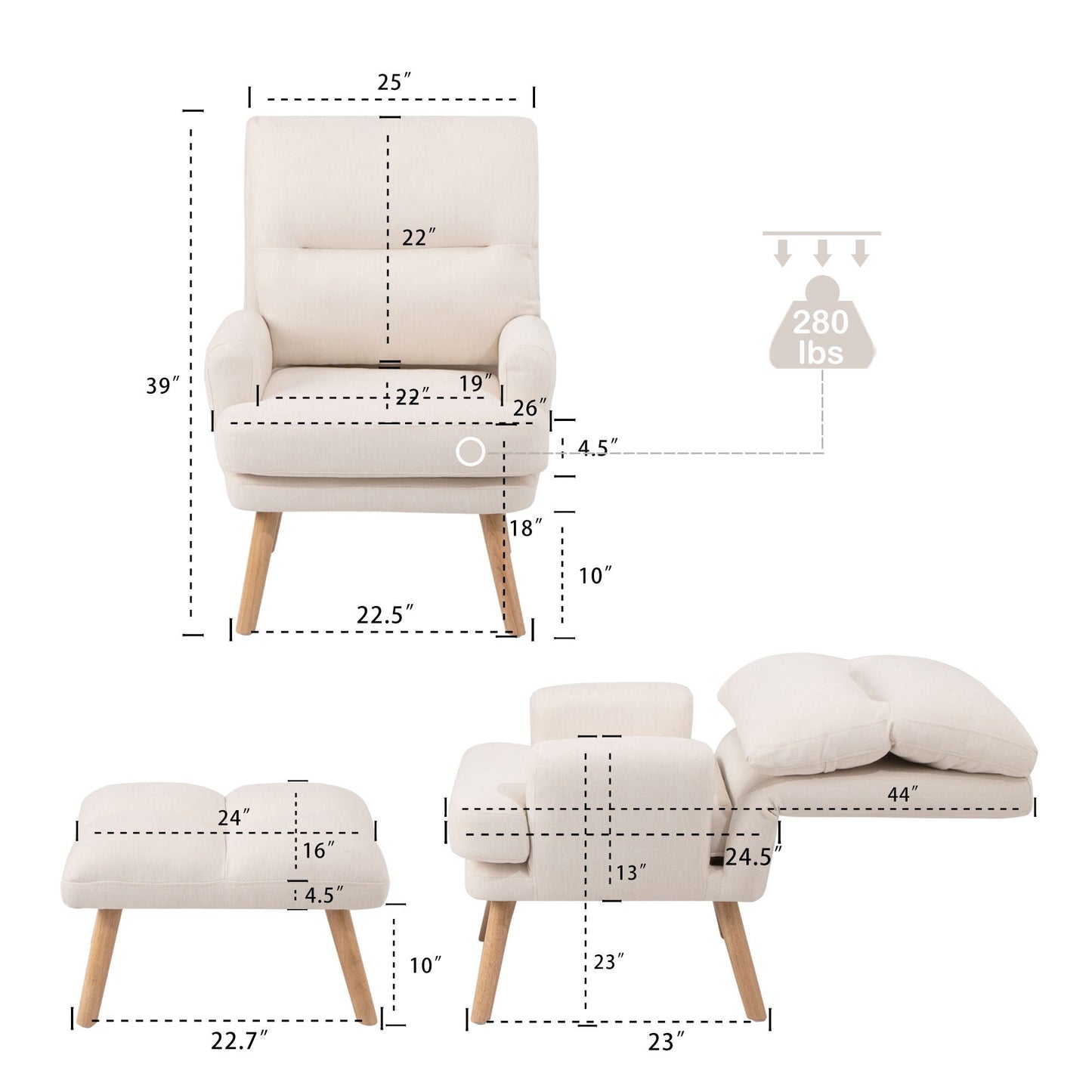 Accent Chair with Ottoman Set, Fabric Armchair with Wood Legs and Adjustable Backrest , Mid Century Modern Comfy Lounge Chair for Living Room, Bedroom, Reading Room and Study - Groovy Boardz