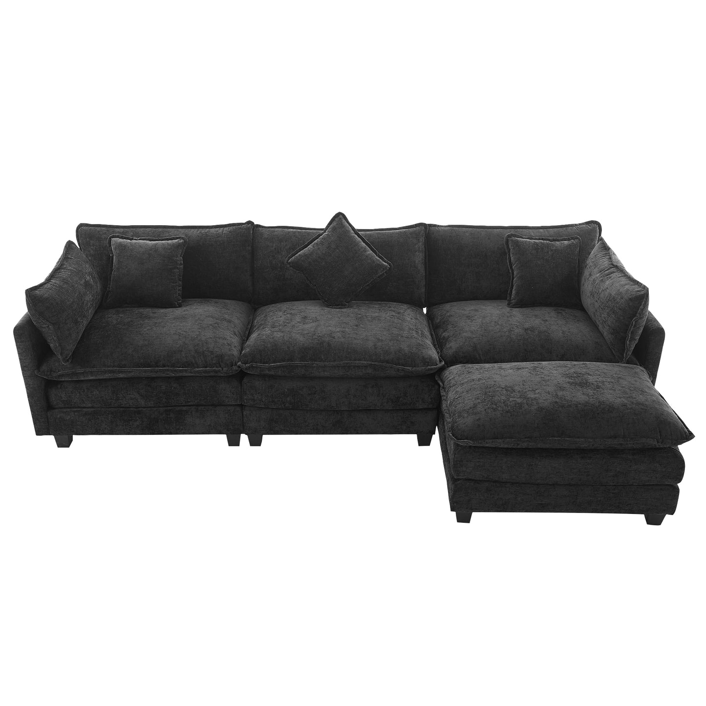 112.2" L-Shape Chenille Upholstered Sofa for Living Room Modern Luxury Sofa Couch with Ottoman and 5 Pillows for Living Room (SG001160AA), Black