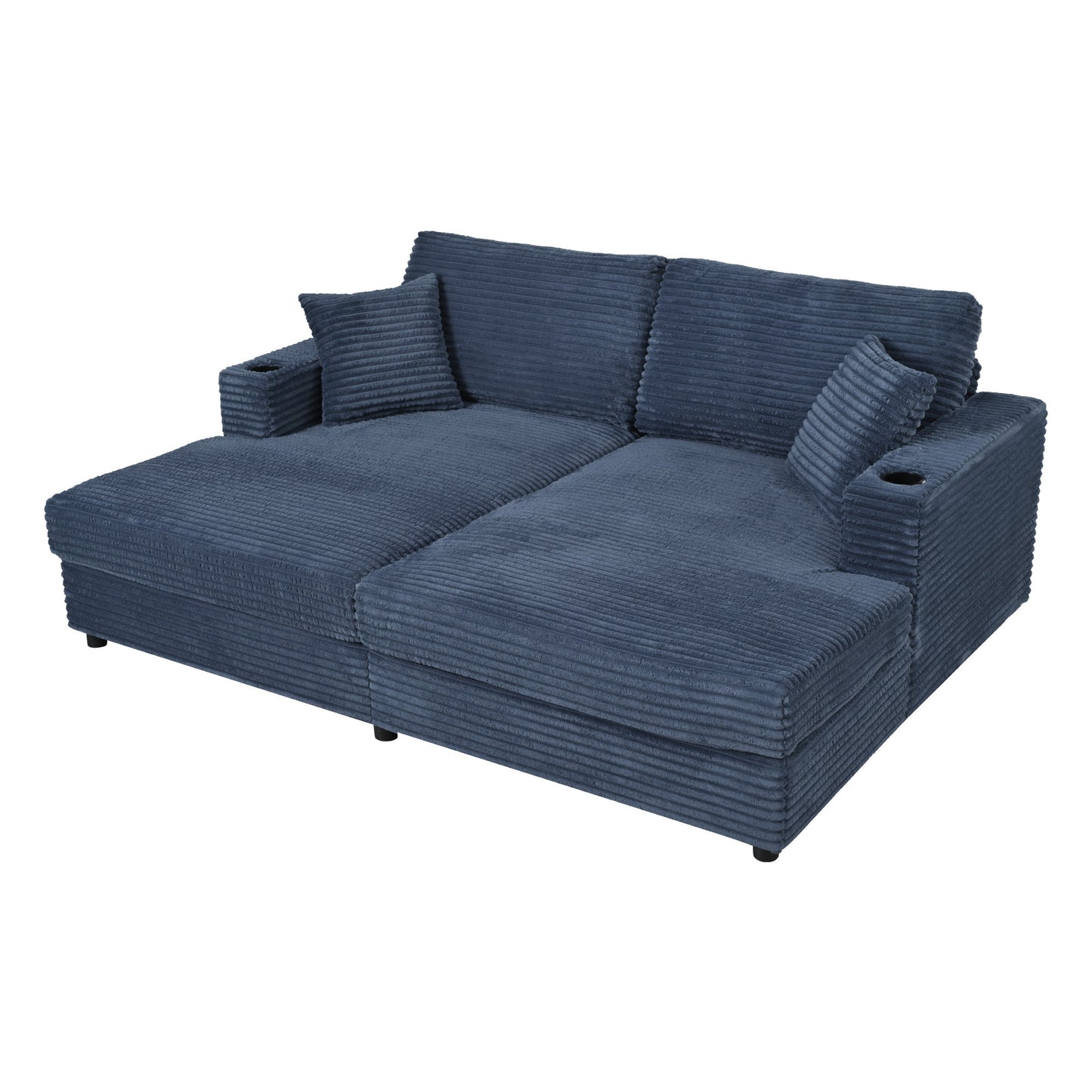 86.5" Oversized Loveseat Chaise Lounge Sectional Sofa Bed Corduroy Sleeper Sofa with Two USB Ports , Two Cup Holders and Two Throw Pillows for Living Room and Bedroom, Blue