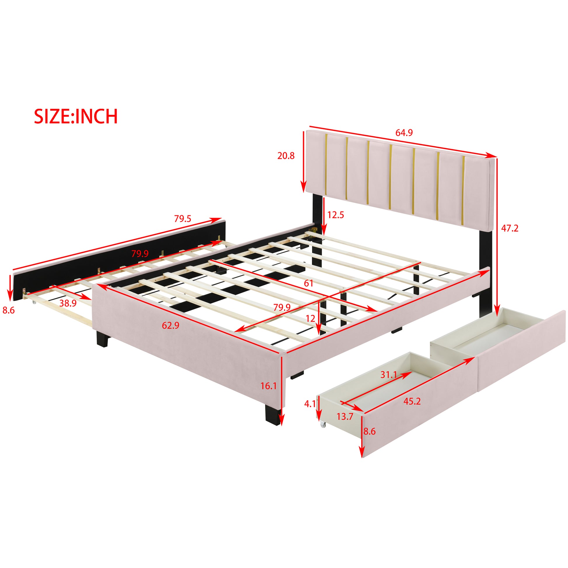 Queen Size Upholstered Platform Bed with 2 Drawers and 1  Trundle, Classic Metal Strip Headboard Design, Pink