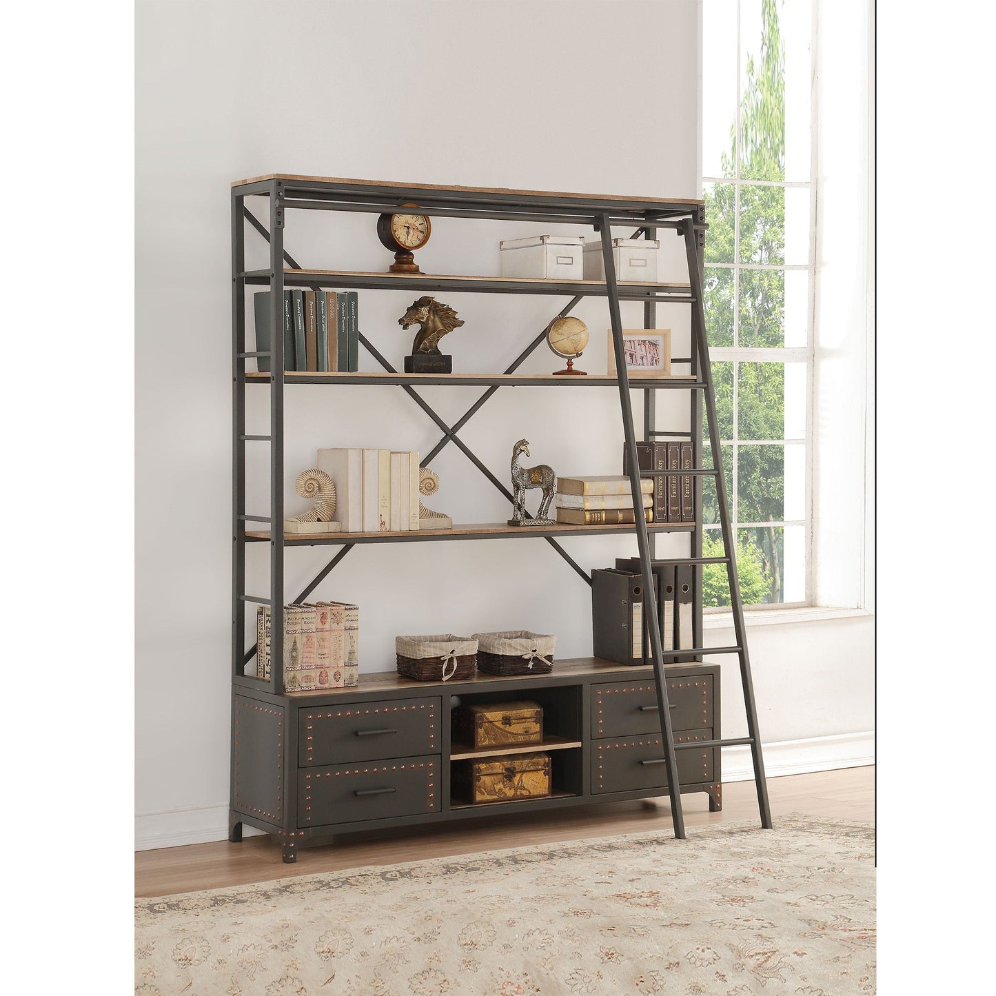 ACME Actaki Bookshelf & Ladder in Sandy Gray 92433 - Groovy Boardz