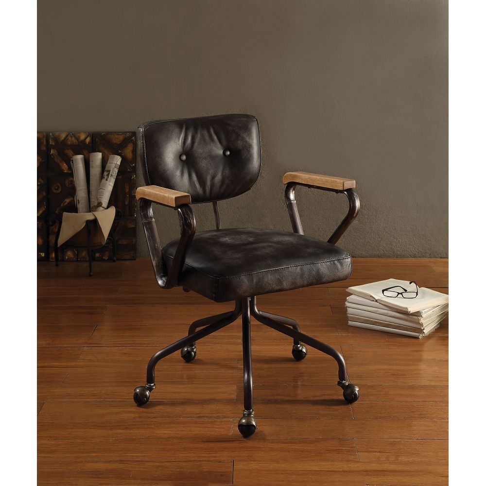 ACME Hallie Office Chair in Vintage Black Top Grain Leather 92411 - Groovy Boardz