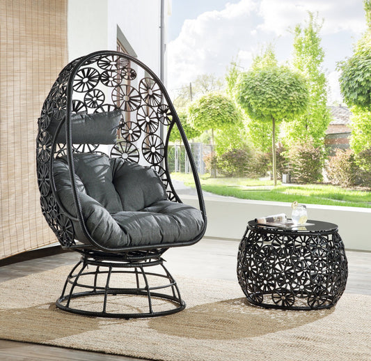 ACME Hikre Patio Lounge Chair & Side Table, Clear Glass, Charcaol Fabric & Black Wicker 45113 - Groovy Boardz