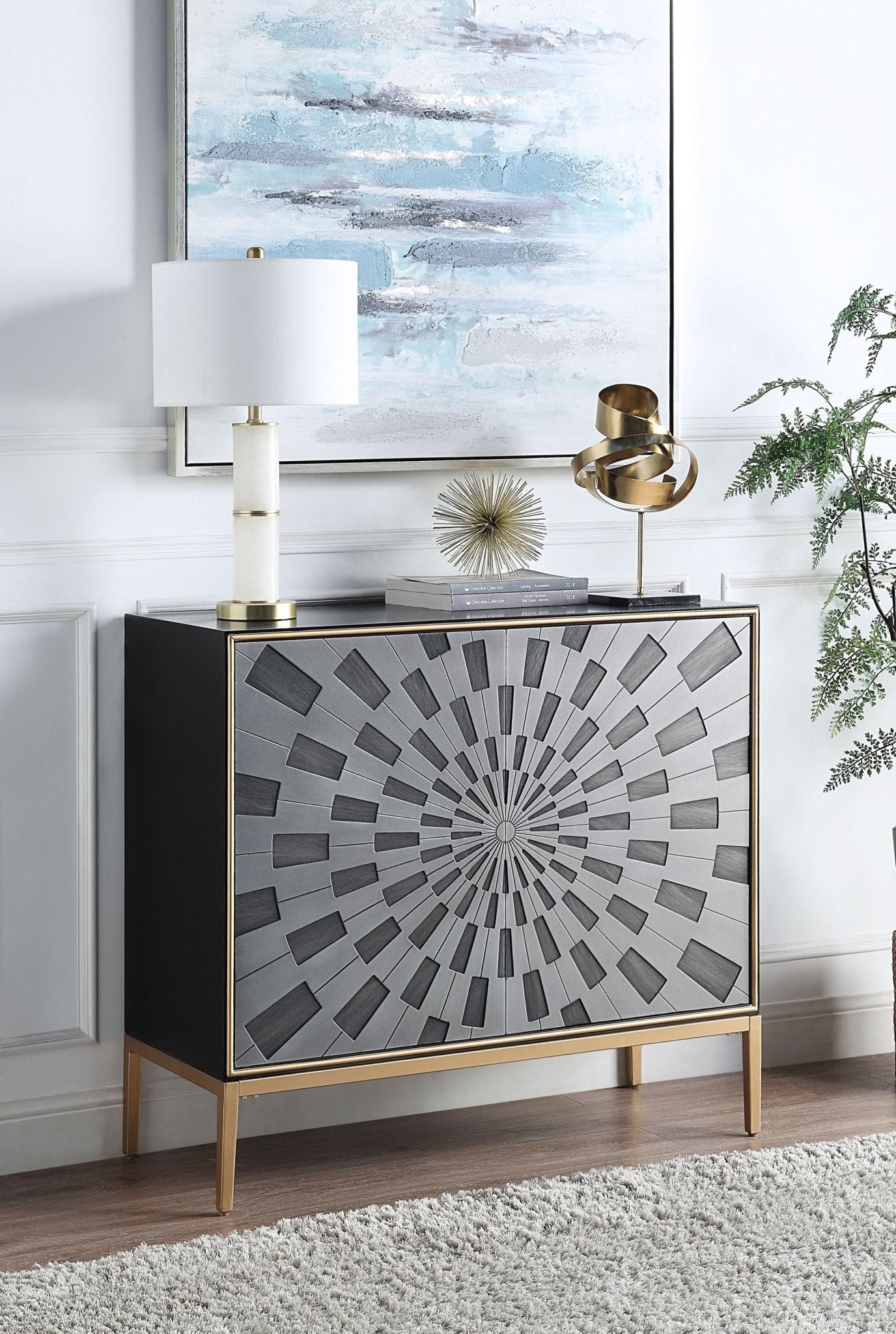 ACME Quilla Console Table in Black, Gray & Brass Finish AC00200 - Groovy Boardz