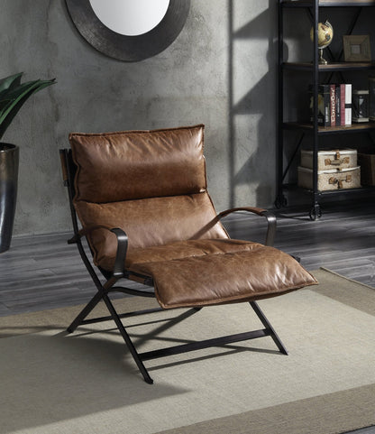 ACME Zulgaz Accent Chair in Cocoa Top Grain Leather & Matt Iron Finish 59951 - Groovy Boardz