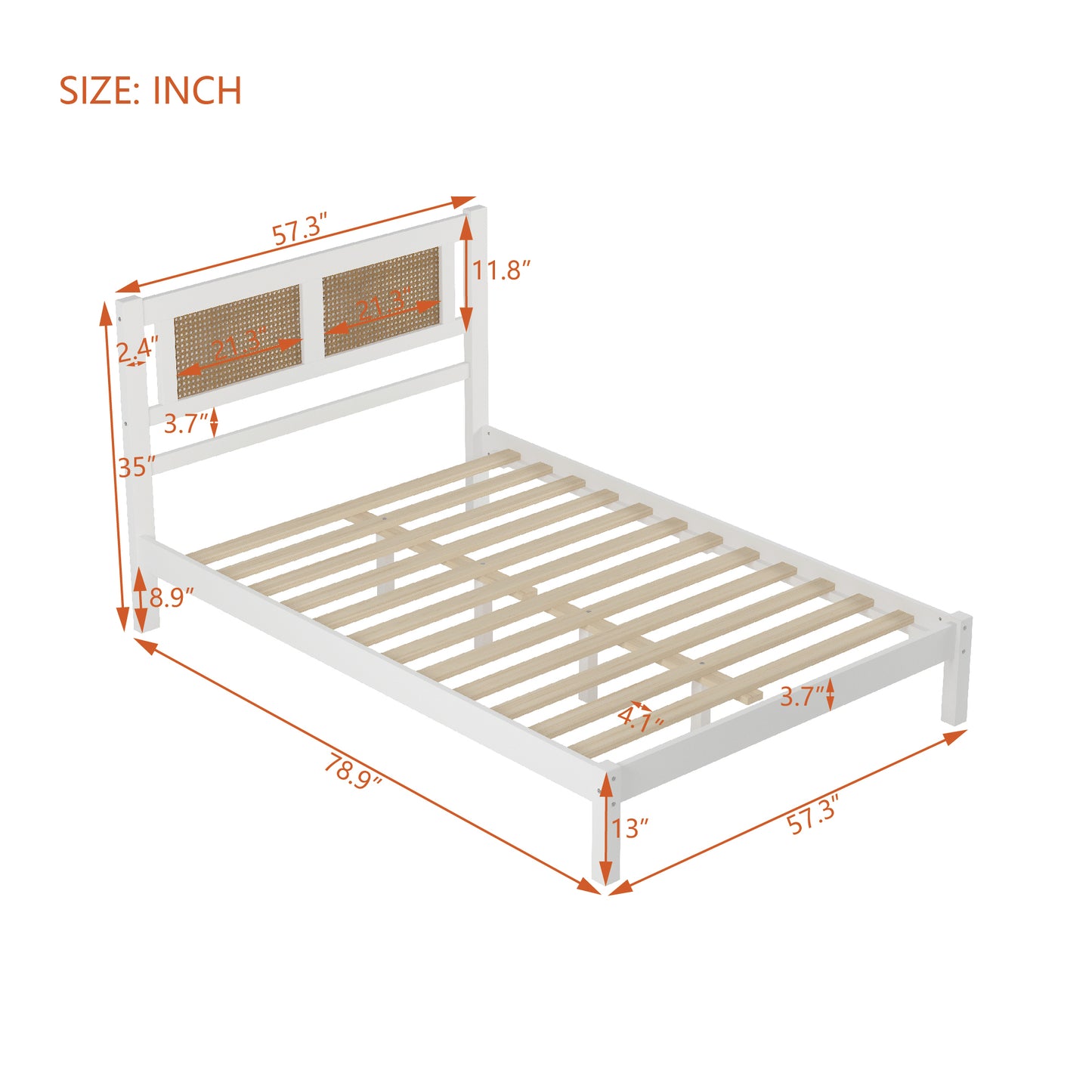 Full Size Wooden Platform Bed with Natural Rattan Headboard, Exquisite Elegance with Minimalist Charm for Bedroom, White