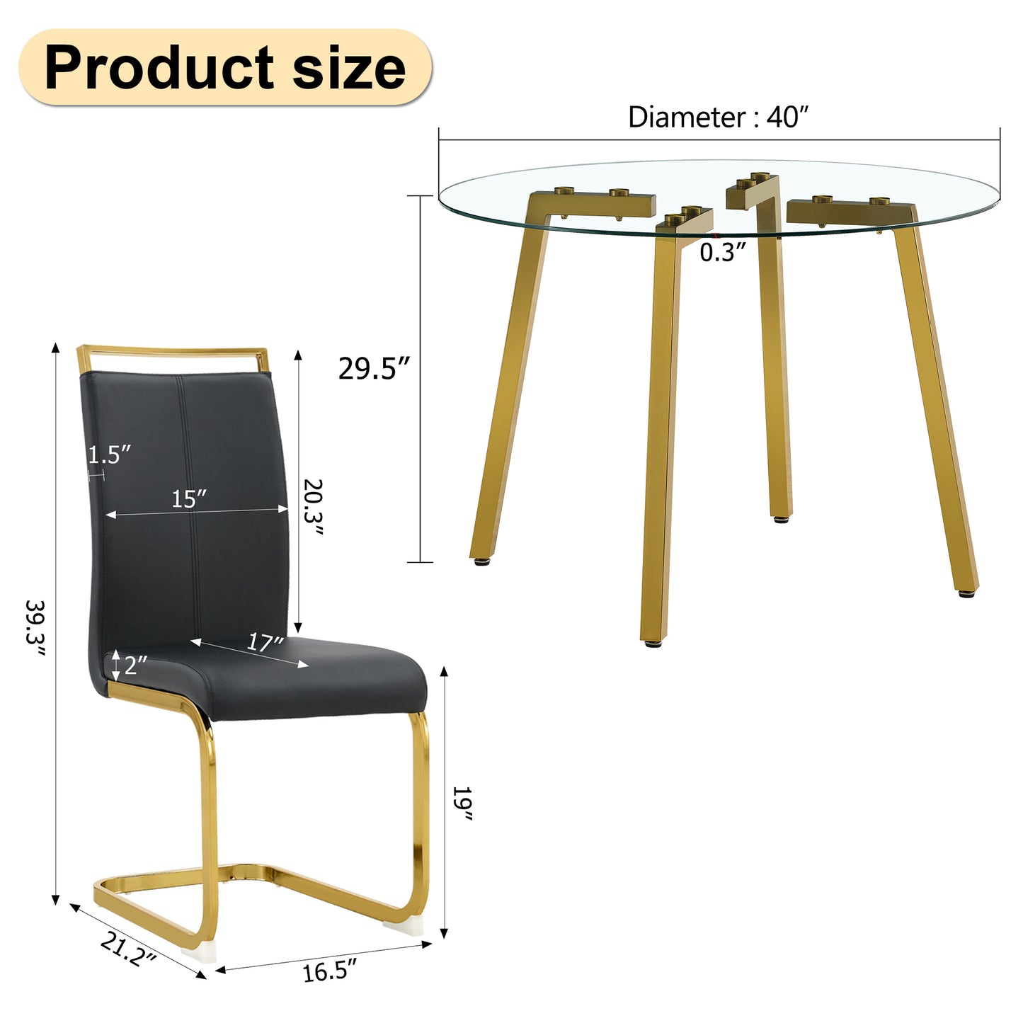 Table and chair set.Modern Luxurious Round Tempered Glass Dining Table Set-40*40 inch with 6 Black PU Chairs.C-tube Gold Metal Chair Legs.Bring a comfortable home experience to the kitchen, bedroom.